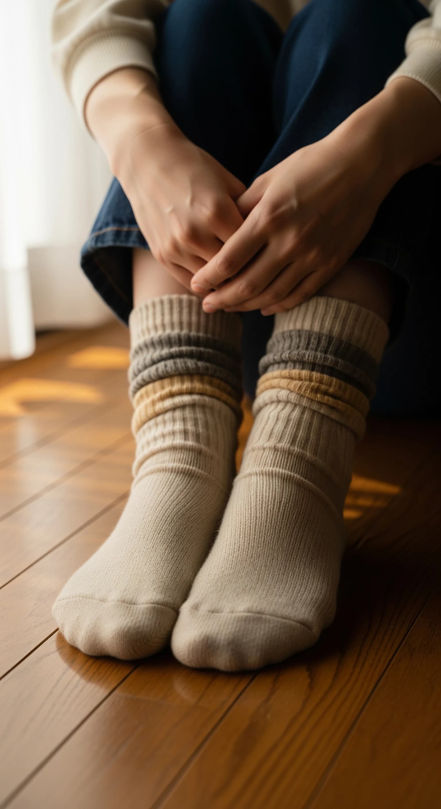 冷え性に悩む女性の足元を天然素材の靴下で温める